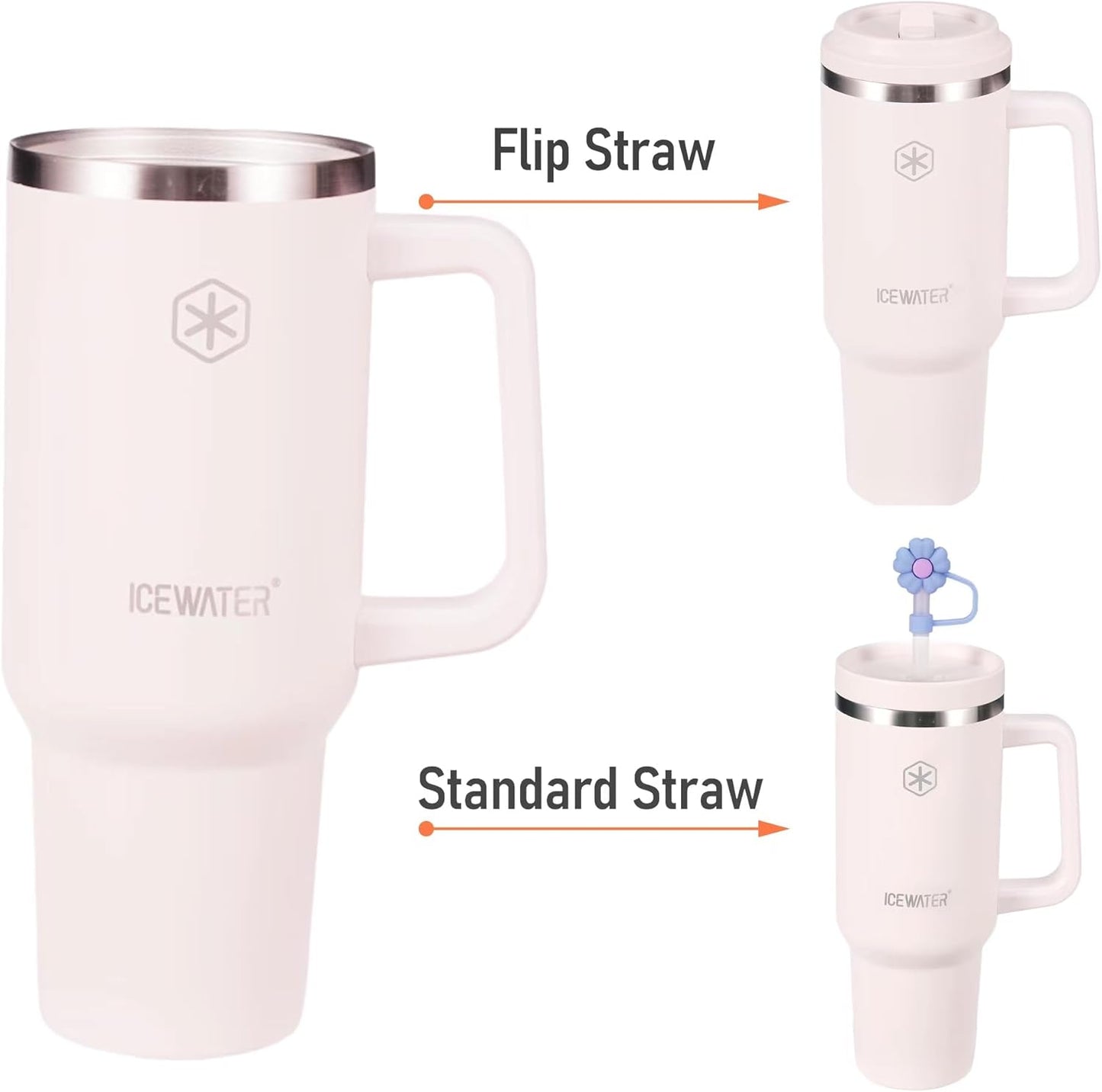 ICEWATER 40 oz Tumbler with 2 Lids (Flip & Standard Straw),100% Leak Proof Insulated Tumbler with Handle, Cup Holder Friendly, Stainless Steel Water Bottle, Gifts for Women & Men (Violet)