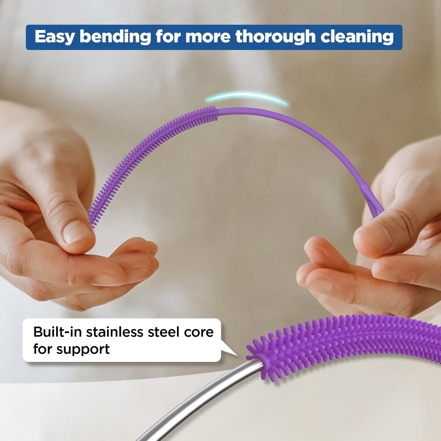 YOTIME Silicone Straw Cleaner Brush, 2Pcs Reusable Straw Brush Extra Long for Cleaning Tumbler with Handle and Glass Metal Smoothie Straws, Non-slip Handle Soft and Bendable, 6mm+9mm, Blue