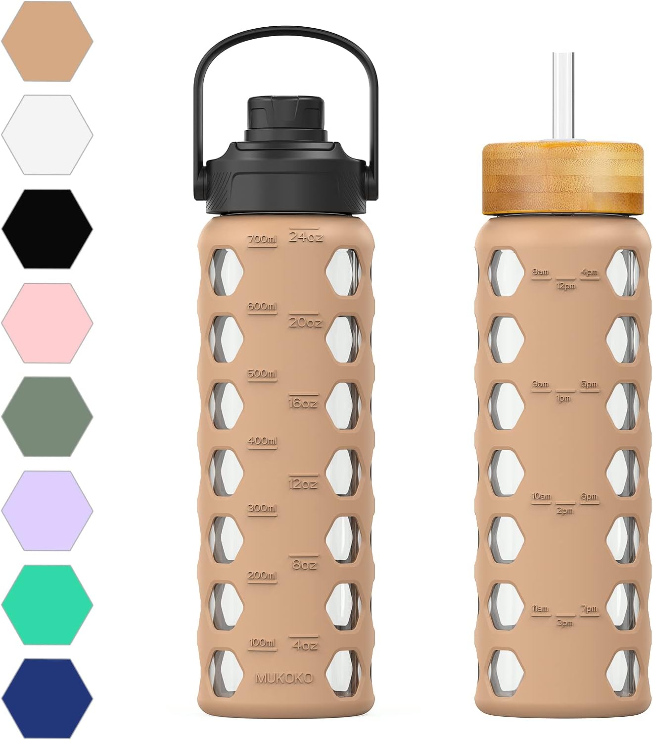 MUKOKO Glass Water Bottles, 32oz Glass Tumbler with Straw, Drinking Bottles with 2 Lids-Handle Spout Lid&Bamboo Straw Lid, Motivational Water Bottle with Time Marker and Silicone Sleeve, 1 Pack-Olive