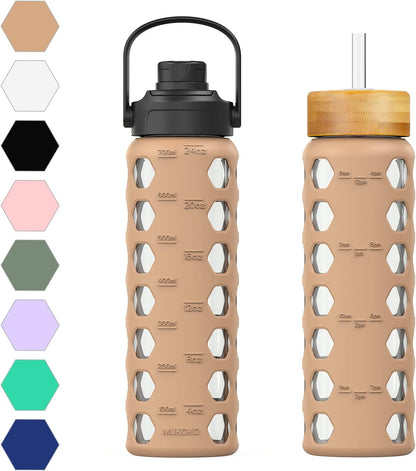 MUKOKO Glass Water Bottles, 32oz Glass Tumbler with Straw, Drinking Bottles with 2 Lids-Handle Spout Lid&Bamboo Straw Lid, Motivational Water Bottle with Time Marker and Silicone Sleeve, 1 Pack-Olive