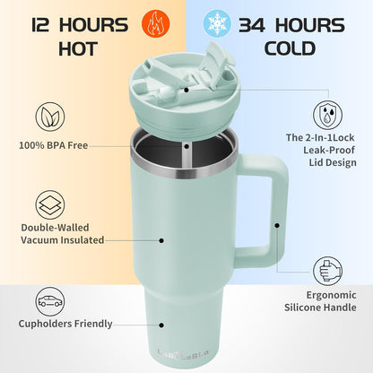 Labulabla 40oz Stainless Steel Insulated Tumbler with Flip Straw, 2-in-1 Lid, 100% Leakproof, Cup Holder Friendly, Handle, BPA-Free (light pink, 40, ounces)