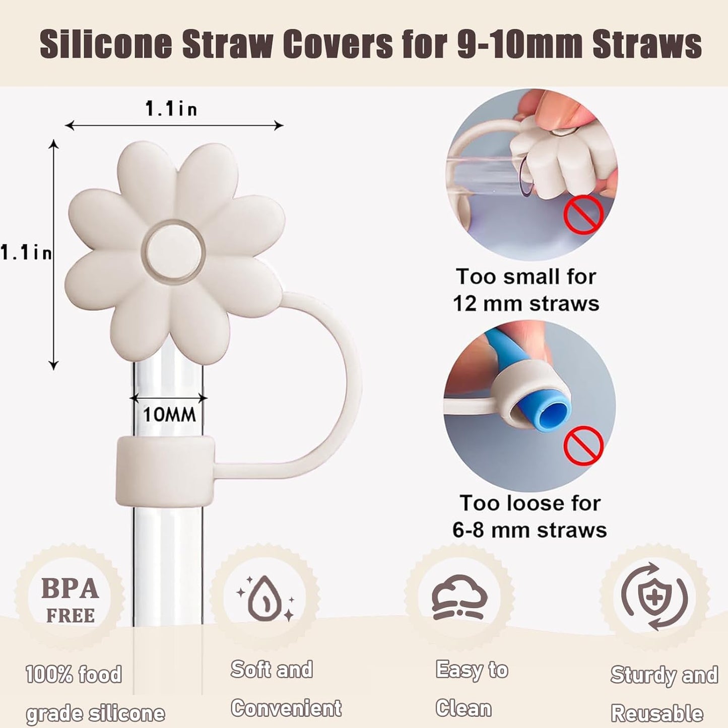 Flower Straw Covers Toppers for Stanley Cups 30&40 Oz Tumbler with Handle Accessories 4PCS Silicone Straw Caps Reusable Straws Tips Protectors for Stanley Cup 10mm 0.4in Straws,Off White