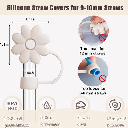 Flower Straw Covers Toppers for Stanley Cups 30&40 Oz Tumbler with Handle Accessories 4PCS Silicone Straw Caps Reusable Straws Tips Protectors for Stanley Cup 10mm 0.4in Straws,Off White