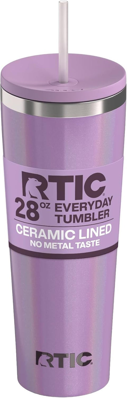 RTIC 20oz Everyday Tumbler Insulated Stainless Steel Portable Travel Coffee Cup with Straw, Ceramic Lining, Spill-Resistant Lid, BPA-Free, Hot and Cold Drink, Beach