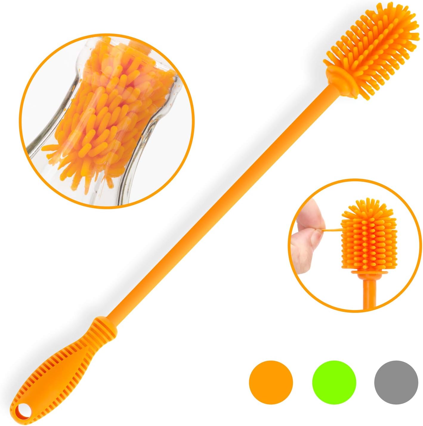 Silicone Bottle Cleaning Brush with Long Handle, 12.5" Water Bottle Cleaner for Baby Bottles, Hydro Flask, Sports Bottle, Vase, Glassware, Perfect for Smaller Diameter Bottle Openings (One Pack)