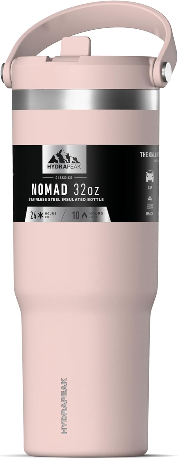 Hydrapeak Nomad 32oz Insulated Stainless Steel Travel Tumbler with Handle & Straw Lid, Leakproof, Cupholder Friendly, Keeps Drinks Cold 24 Hours, Reusable Bottle for Daily Hydration (Pale Sage)