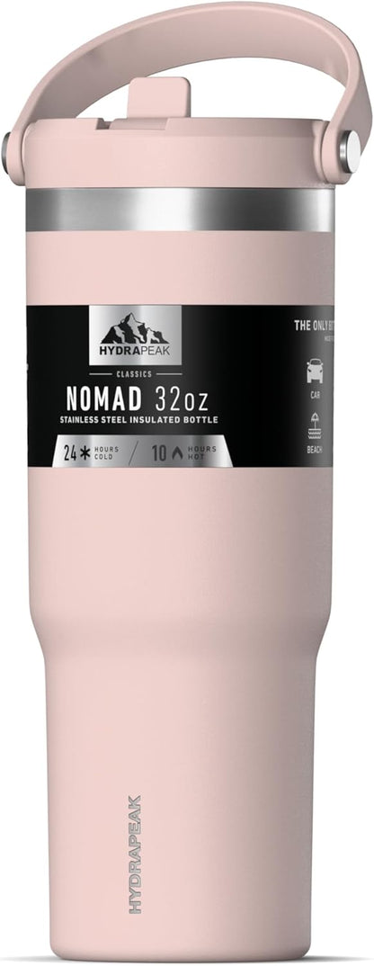 Hydrapeak Nomad 32oz Insulated Stainless Steel Travel Tumbler with Handle & Straw Lid, Leakproof, Cupholder Friendly, Keeps Drinks Cold 24 Hours, Reusable Bottle for Daily Hydration (Pale Sage)