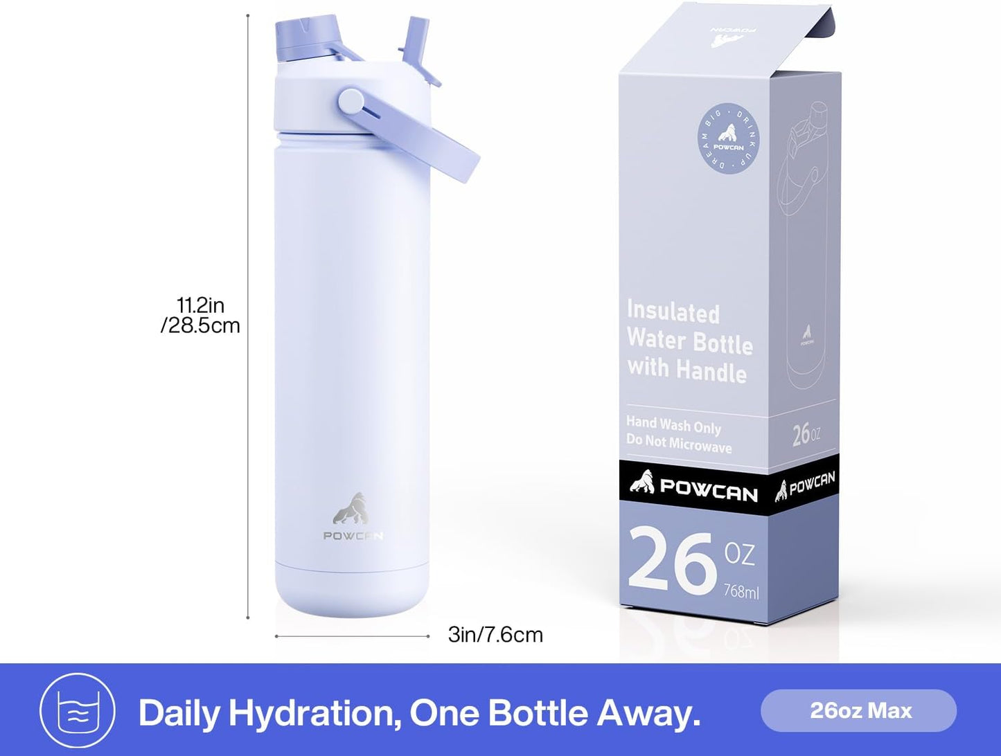POWCAN 26 oz Insulated Water Bottle with 2-in-1 Straw and Spout Lid, Keep Cold 24H, Leak-Proof, Fits in Car Cup Holder, Stainless Steel Water Bottle for Sports, Travel, and School (Mint)