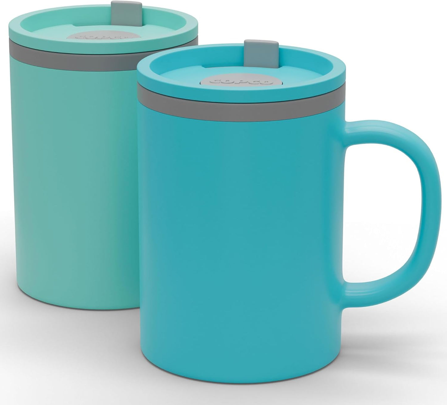 Copco Iconic 16oz Double Wall Insulated Desk Mug with Lid & Handle, Set of 2, BPA-Free Reusable Plastic, Spill-Resistant, Microwave & Dishwasher Safe, Wide Mouth (Grey)