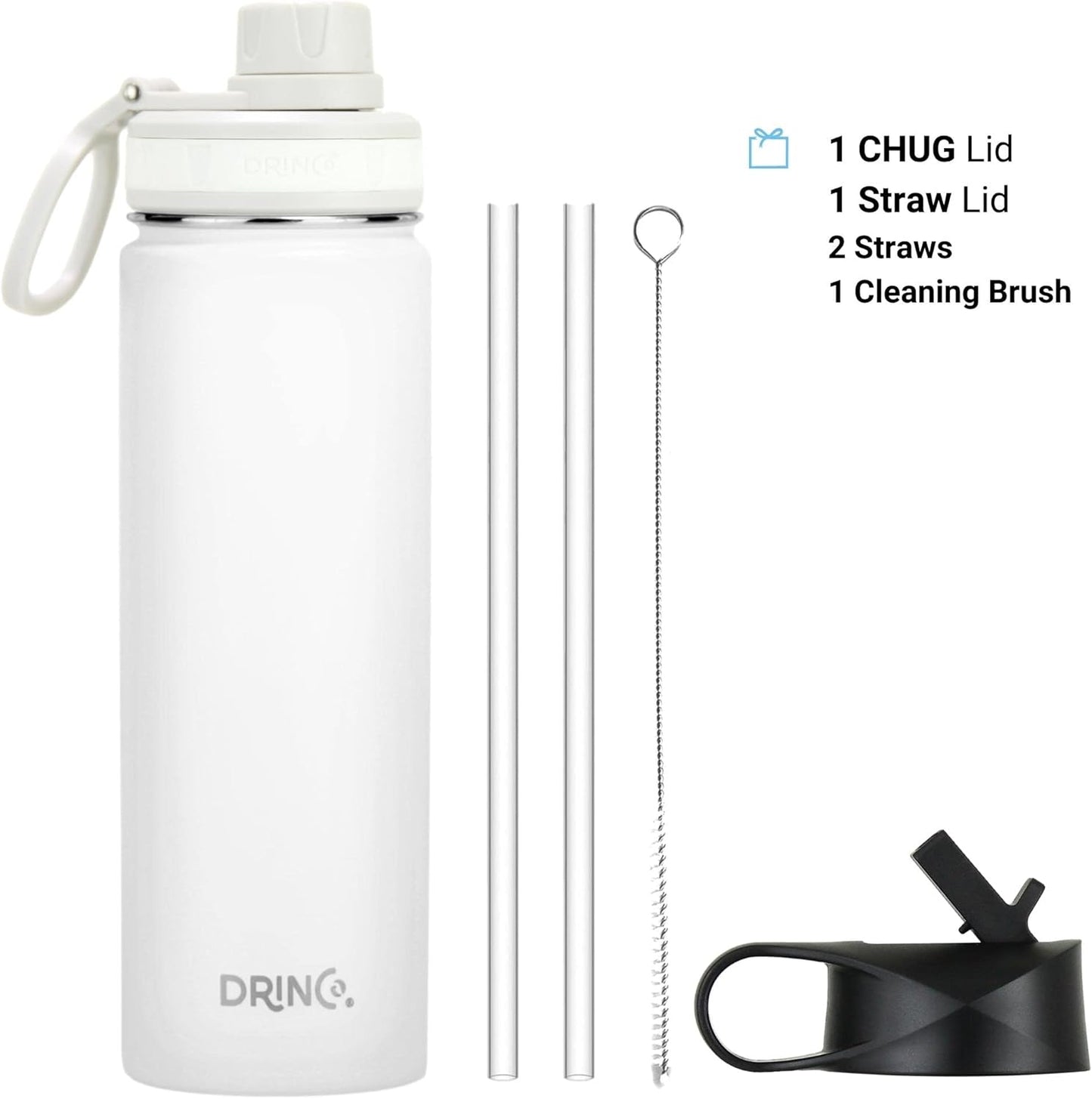 Drinco Stainless Steel Water Bottle Spout Lid Vacuum Insulated Double Wall Water Bottle Wide Mouth (40oz 32oz 22oz 18oz 14oz) Leak Proof Keep Cold Sport Camping Hiking (22 oz, 22oz Black)