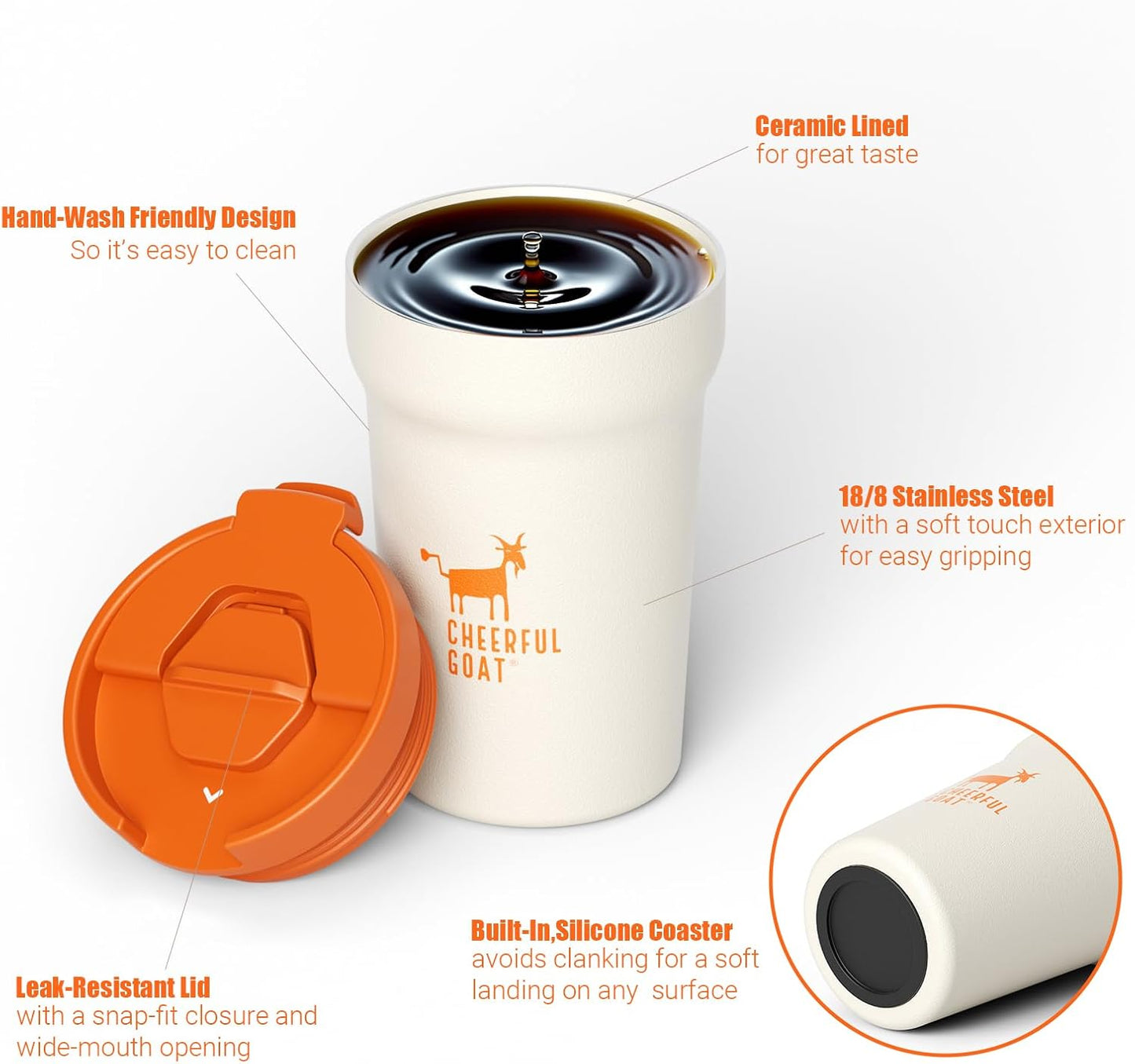 CHEERFUL GOAT Insulated Coffee Mug – Stainless Steel Travel Coffee Tumbler with Ceramic Liner, 12oz Coffee Cup for Hot and Cold Water Coffee at Home, Office, or On the Go (orange)