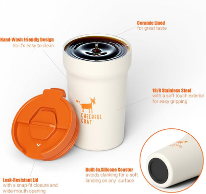 CHEERFUL GOAT Insulated Coffee Mug – Stainless Steel Travel Coffee Tumbler with Ceramic Liner, 12oz Coffee Cup for Hot and Cold Water Coffee at Home, Office, or On the Go (orange)