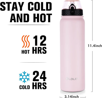 Oldley Insulated Water Bottle 20oz for Adults Kids Stainless Steel Water Bottles with Straw/Chug/Carabiner 3 Lids Fruit Strainer Double Wall Vacuum Wide Mouth BPA Free Leak-Proof for School Travel