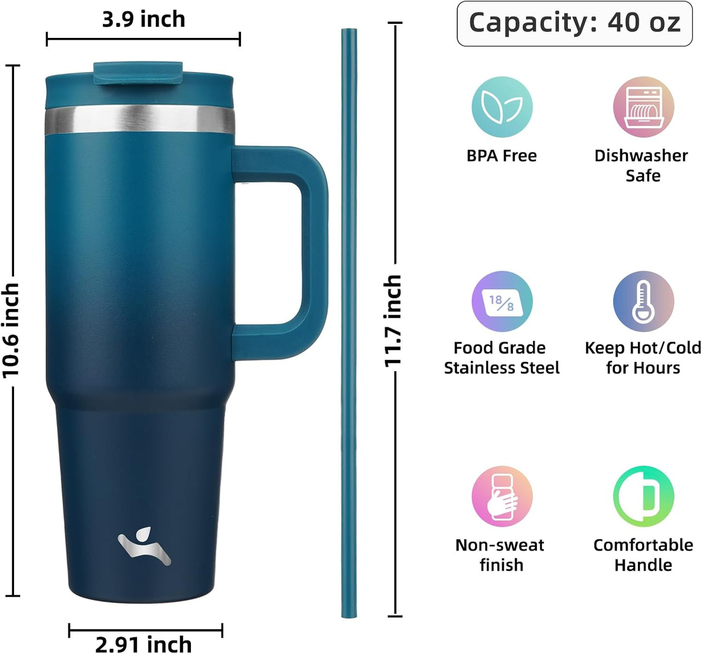 Konokyo 30 oz Tumbler with Handle and 2 Straws,2 in 1 Lid Insulated Water Bottle Stainless Steel Travel Coffee Mug,Sky