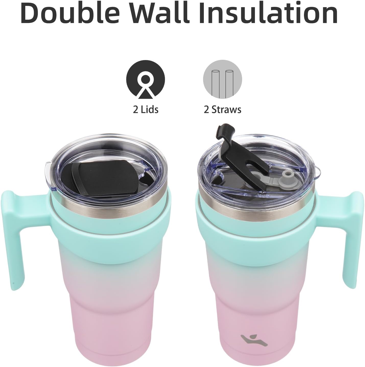 Konokyo 20 oz Tumbler with Handle and 2 Straw 2 Lid, Insulated Water Bottle Stainless Steel Vacuum Cup Reusable Travel Mug,Black