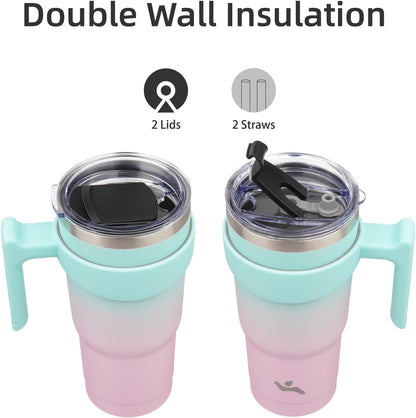 Konokyo 20 oz Tumbler with Handle and 2 Straw 2 Lid, Insulated Water Bottle Stainless Steel Vacuum Cup Reusable Travel Mug,Black