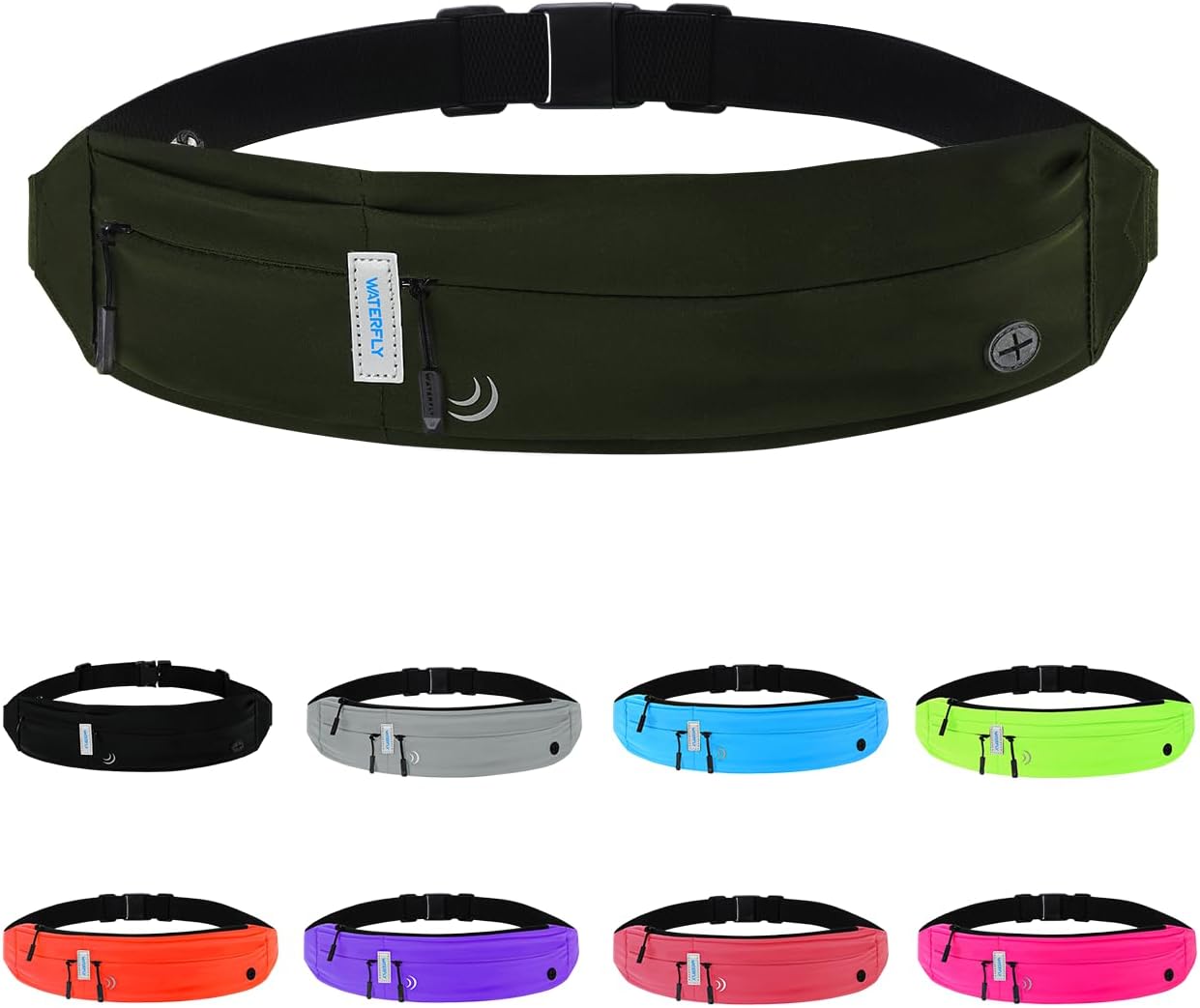 WATERFLY Running Belt Fanny Pack: Runner Marathon Jogging Waist Pack Sport Workout Exercise Fitness Phone Holder Belt for Men Women Jogger Slim Waist Bag Black