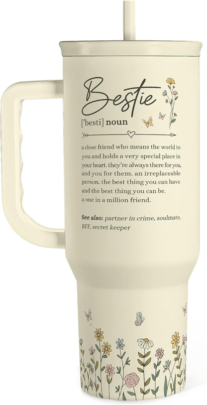 Floral Tumbler with Handle 40oz, Stainless Steel Insulated Tumblers Coffee Travel Mug Cup with Straw, Flower Coffee Cup Gifts for Women Girls, Gift for Her on Christmas Birthday Mothers Day
