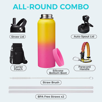 32/40/64OZ Insulated Water Bottle - Keep Cold 48H Hot 24H, Combo Straw/Spout Lids, Paracord Handle for Gym/Hiking, Carrier Bag +Strap, Cup Mat, BPA-Free Stainless Steel Flask Jug