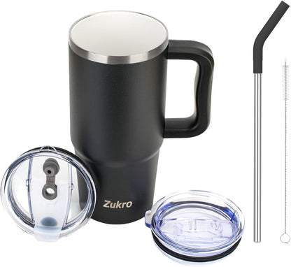 Zukro 24 oz Ceramic Lined Tumbler with Handle and Straw, No Metal Taste, Insulated Stainless Steel Coffee Mug with Spill Proof Lids for Home/Office, No Sweat, Keep Drinks Hot or Cold, Black