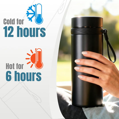 KYZ Insulated Water Bottle with Tea Infuser, 37 oz Wide Mouth Stainless Steel Tumbler, Leak-Proof Travel Water Bottle for Hot & Cold Drinks, Includes Carry Strap for Commuting, Office & Outdoor