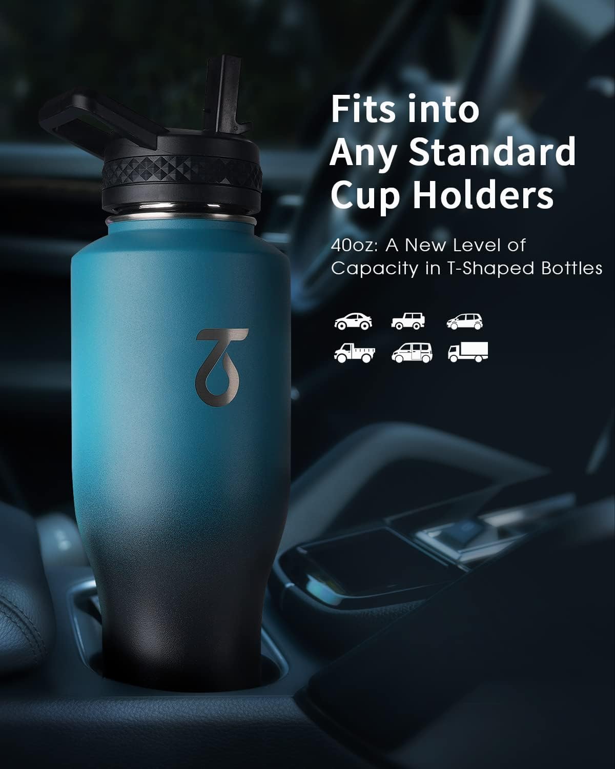 Trebo 40 oz Water Bottle Insulated Fit Car Cup Holder with Handle, Stainless Steel Water Bottles Tumbler with Spout Straw Lids, Double Wall Travel Reusable Flask, Leakproof Mug,Keep Cold &Hot,Black