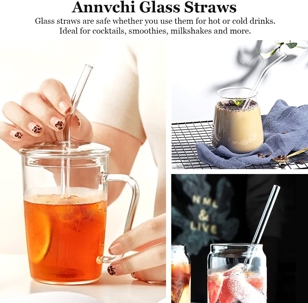 ANNVCHI 16 Pack Reusable Glass Straws,Set of 6 Straight and 6 Bent with 4 Cleaning Brush,Perfect for Smoothies,Tea, Juice, Milkshakes(8.5''x10 MM)