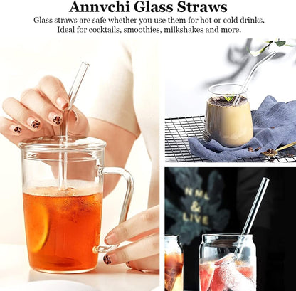 ANNVCHI 16 Pack Reusable Glass Straws,Set of 6 Straight and 6 Bent with 4 Cleaning Brush,Perfect for Smoothies,Tea, Juice, Milkshakes(8.5''x10 MM)