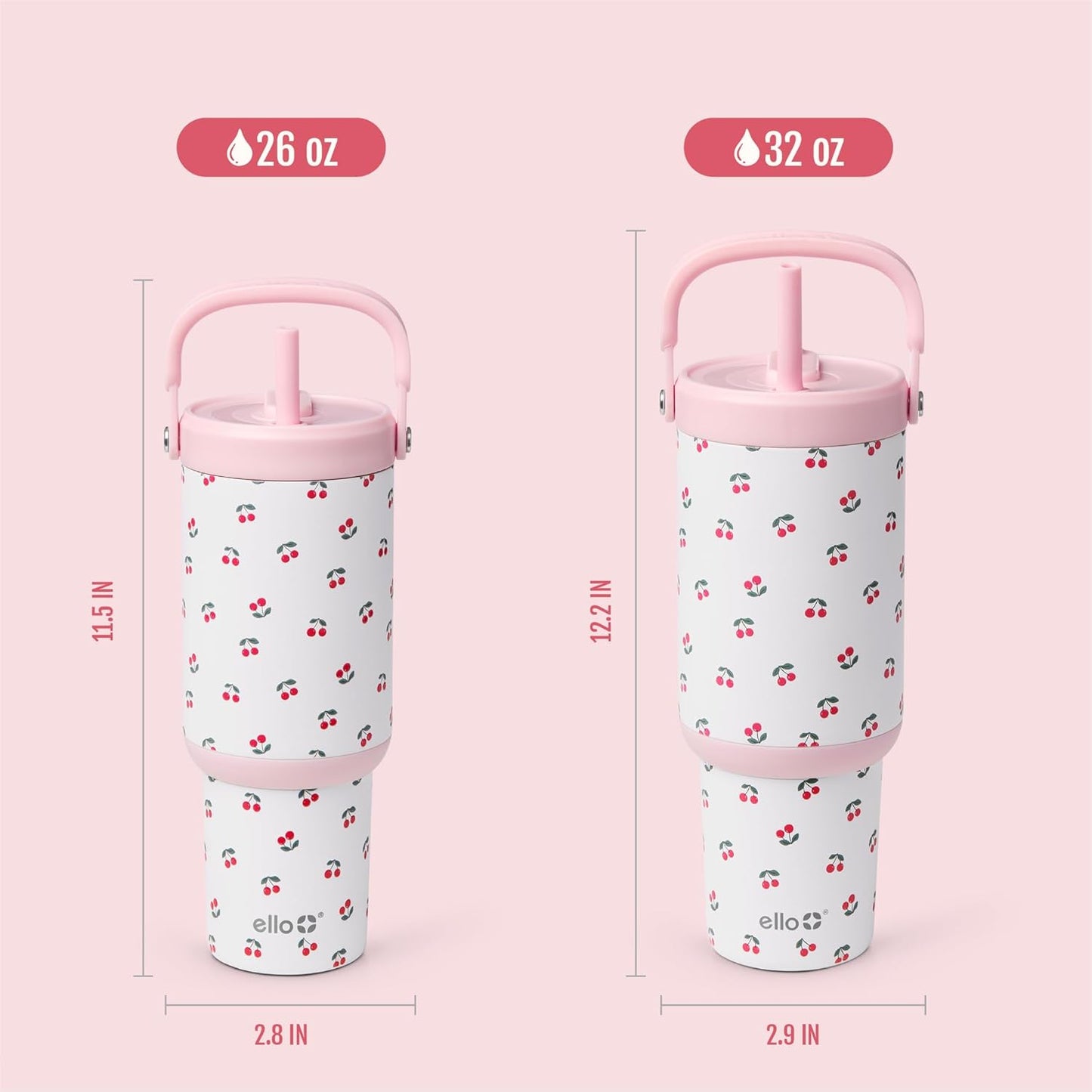 Ello Oasis Go+ 26oz Tumbler with Top Handle and Retracting Straw | Reusable Insulated Stainless Steel Cup, 100% Leakproof Water Bottle, 24 Hours Cold, Cup Holder Friendly For Travel | Wild Rasberry