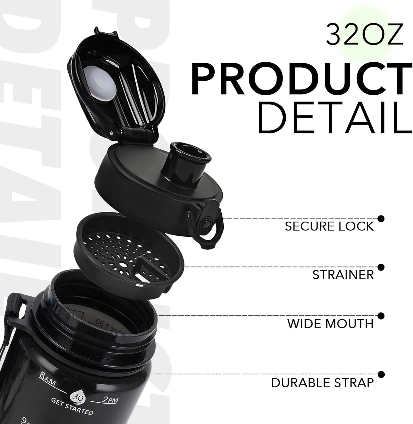 32oz Water Bottle with Time Marker, Motivational Drinking Bottle with Strap, BPA-Free Leak-Proof, Encouraging Water Bottle Time to Drink Water for Gym School Office Travel