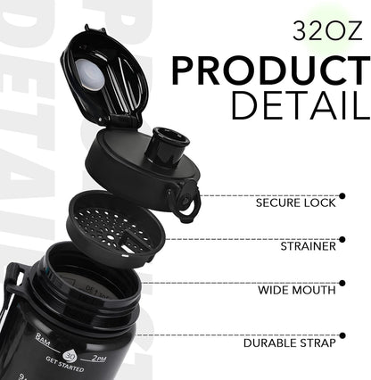 32oz Water Bottle with Time Marker, Motivational Drinking Bottle with Strap, BPA-Free Leak-Proof, Encouraging Water Bottle Time to Drink Water for Gym School Office Travel