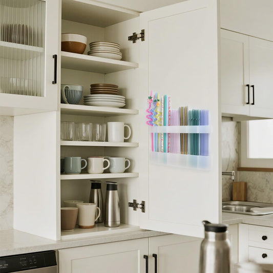 Straw Holder for Cabinet Door, Silicone Straw Organizer for Cabinet Door, Kitchen Cabinet Organizer Reusable Straws Dispenser for Home Kitchen Accessories (White)