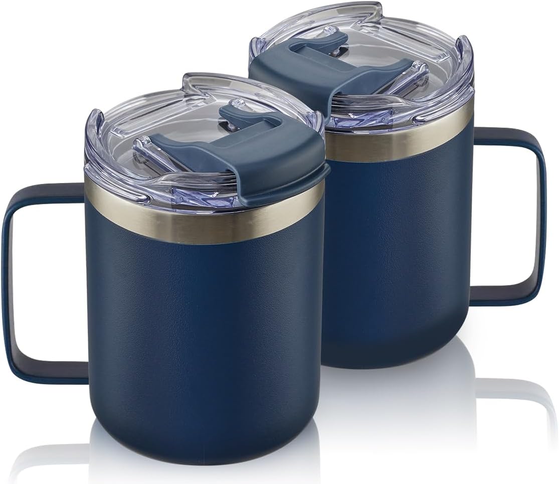 12oz Insulated Coffee Mug Cup with Handle, Stainless Steel Travel Coffee Mug with Flip Lid, Double Wall Vacuum Coffee Tumbler, Navy