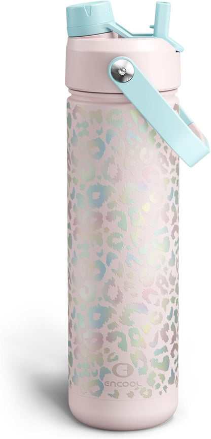ENCOOL Insulated Water Bottle with Straw Stainless Steel Water Bottle, Leak-Proof, BPA-Free, Double Wall Vacuum Keeps Cold for 24 Hours for Sports, Travel, School (26 oz, Cotton Candy) - Colors C