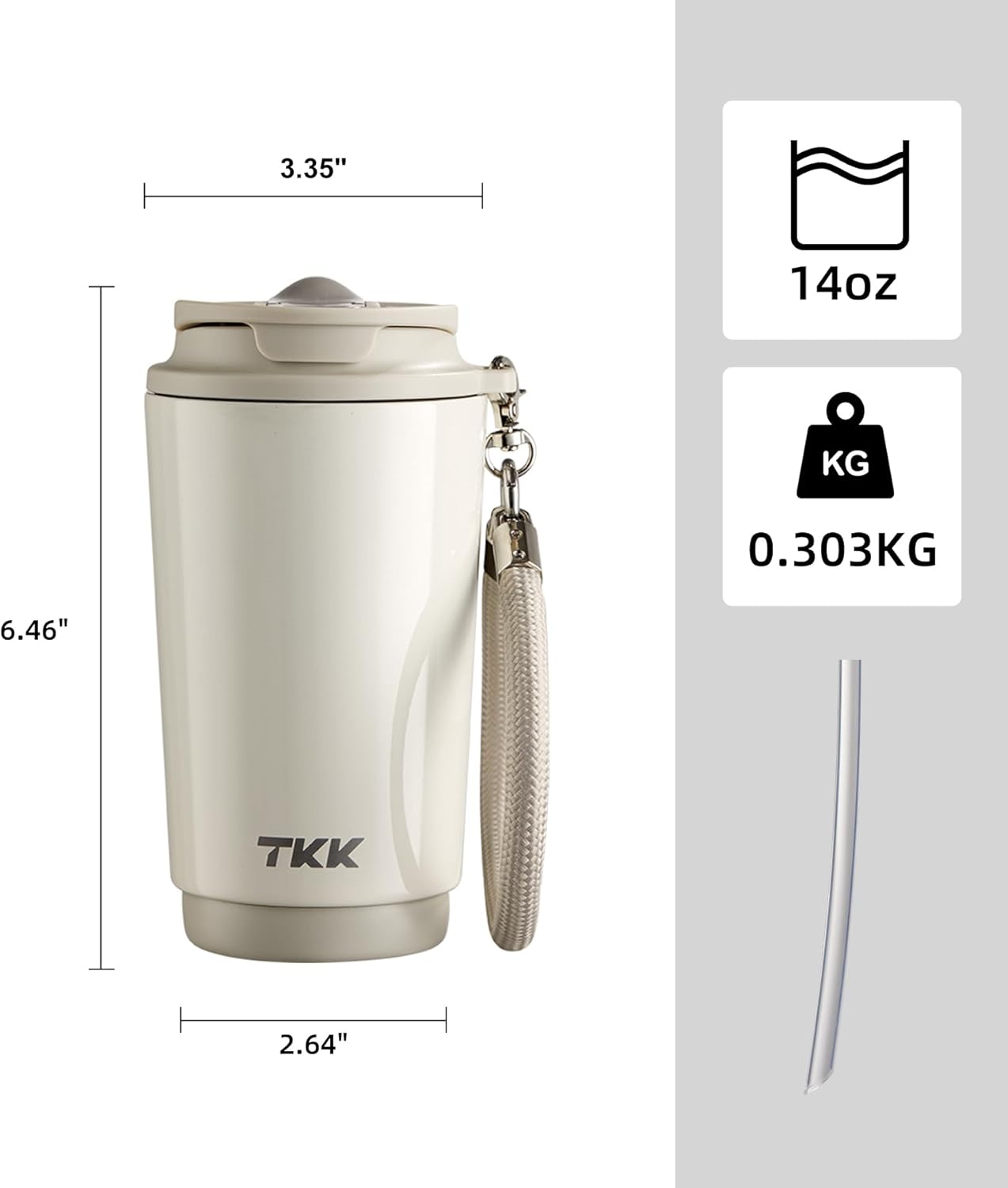 TKK Coffee Cup with Ceramic Coating - 14oz Insulated Stainless Steel Travel Mug, Leak-Proof Tumblers with Straw for Hot/Cold Beverages, Easy Wide Mouth Cleaning, White
