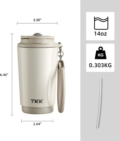 TKK Coffee Cup with Ceramic Coating - 14oz Insulated Stainless Steel Travel Mug, Leak-Proof Tumblers with Straw for Hot/Cold Beverages, Easy Wide Mouth Cleaning, White