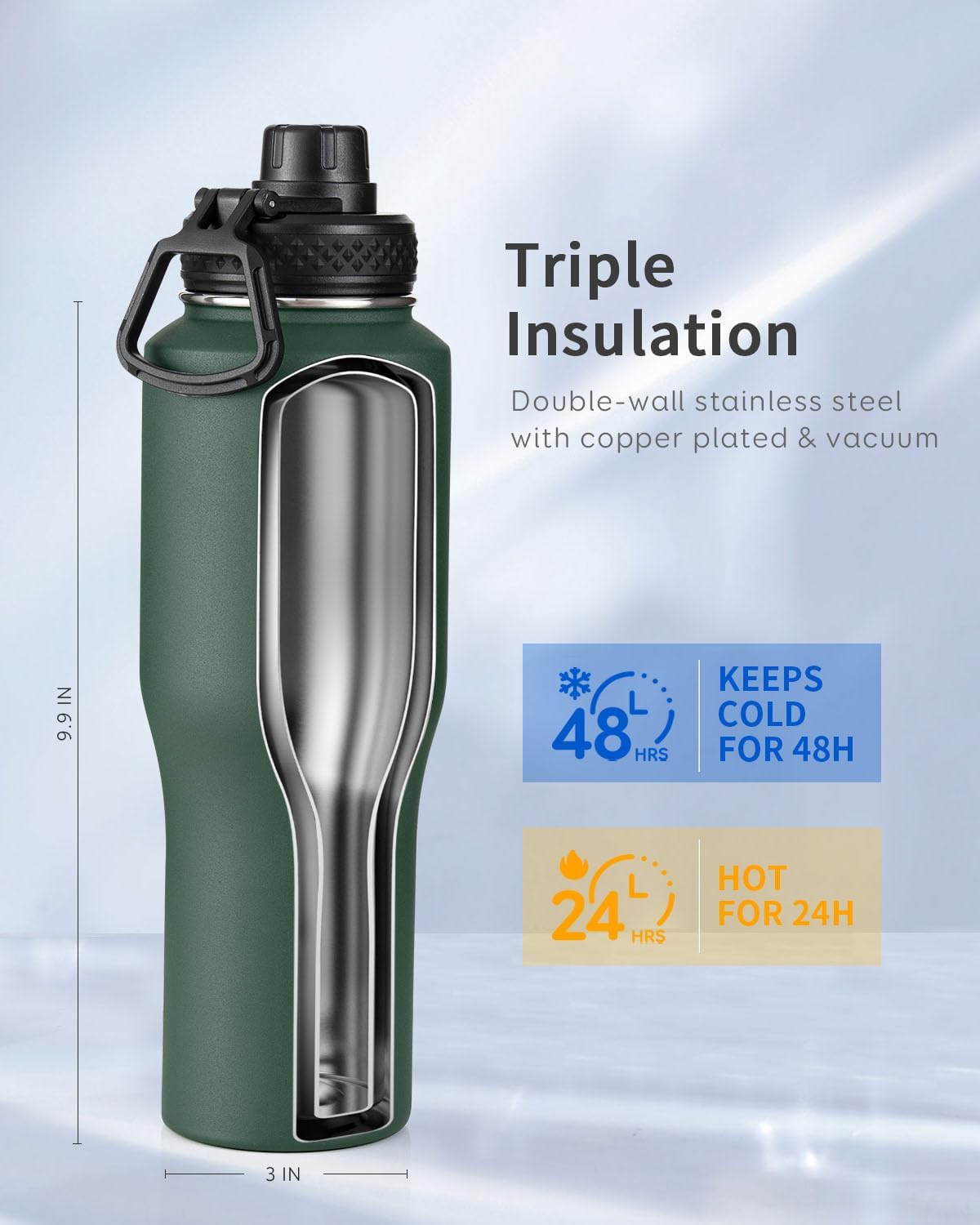 Trebo 40 oz Water Bottle Insulated Fit Car Cup Holder with Handle, Stainless Steel Water Bottles Tumbler with Spout Straw Lids, Double Wall Travel Reusable Flask, Leakproof Mug,Keep Cold &Hot,Black