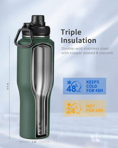 Trebo 40 oz Water Bottle Insulated Fit Car Cup Holder with Handle, Stainless Steel Water Bottles Tumbler with Spout Straw Lids, Double Wall Travel Reusable Flask, Leakproof Mug,Keep Cold &Hot,Black