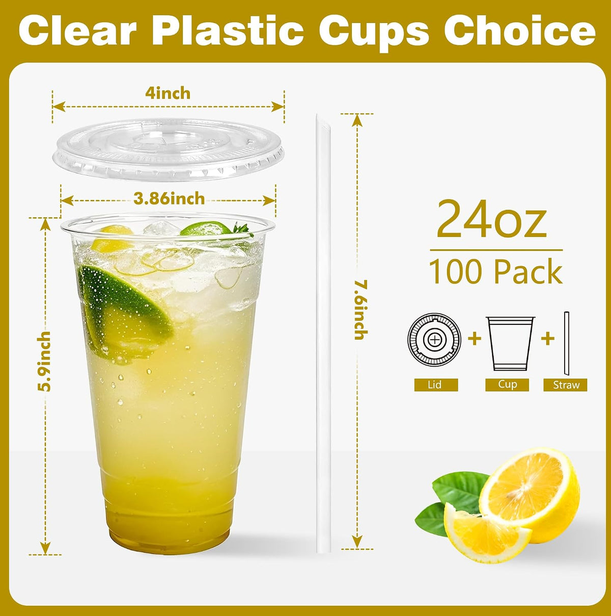 24 oz Clear Plastic Cups with Lids and Straws