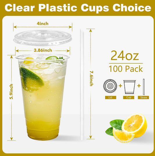 24 oz Clear Plastic Cups with Lids and Straws