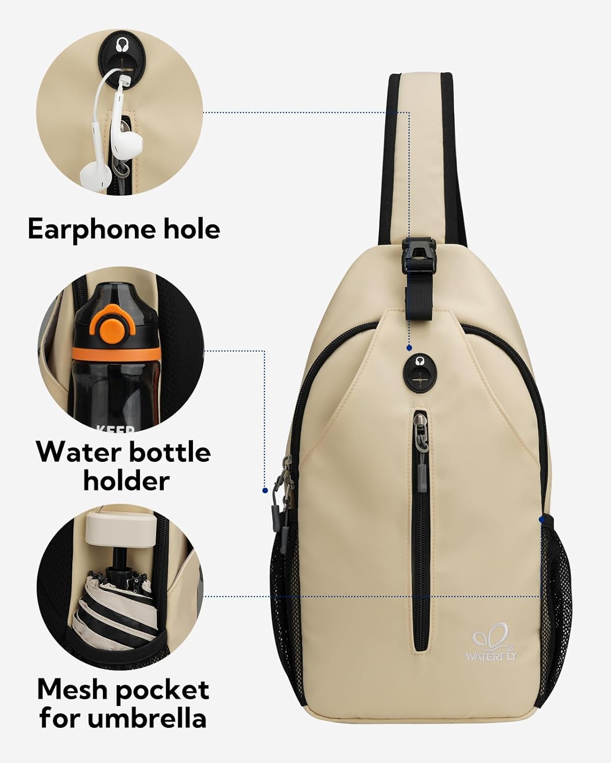 WATERFLY Crossbody Sling Backpack Sling Bag Travel Hiking Chest Bag Daypack (Black)