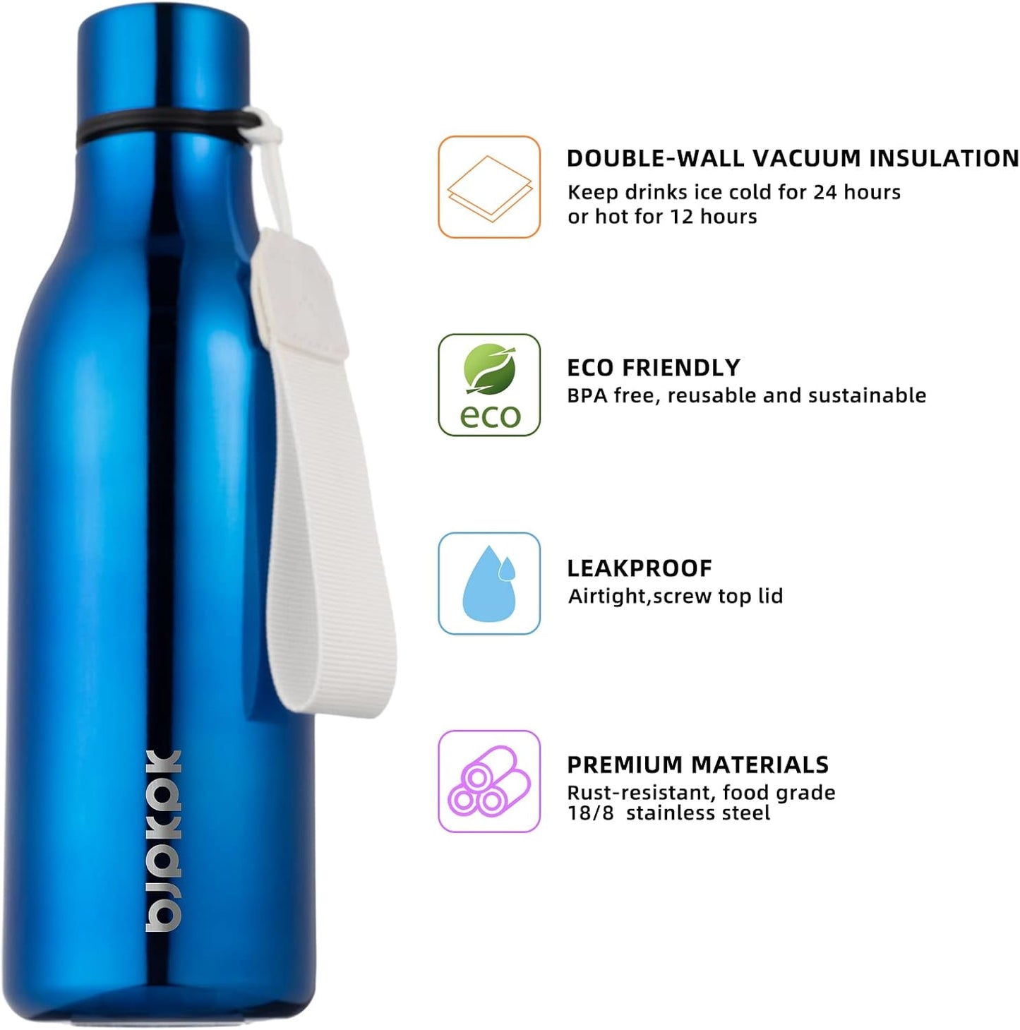 BJPKPK Insulated Water Bottles, 18 oz Stainless Steel Metal Water Bottle with Strap, BPA Free Leak Proof Jugs, Mugs, Flasks, Reusable Thermal Flasks for Sports & Travel, Black - Colors A