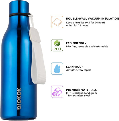 BJPKPK Insulated Water Bottles, 18 oz Stainless Steel Metal Water Bottle with Strap, BPA Free Leak Proof Jugs, Mugs, Flasks, Reusable Thermal Flasks for Sports & Travel, Black - Colors A