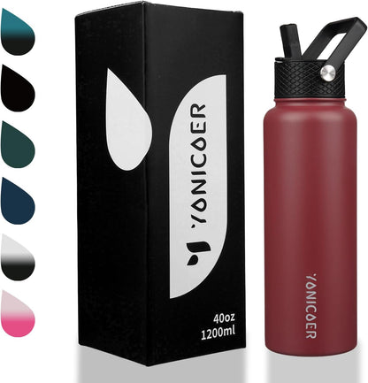 Insulated Water Bottle 40oz,Triple Wall Vacuum Stainless Steel(Dishwasher Safe),Leak Proof & Non-BPA,Flask Jug with Paracord Handle & Straw Spout Lids Sports Cherry Blossom