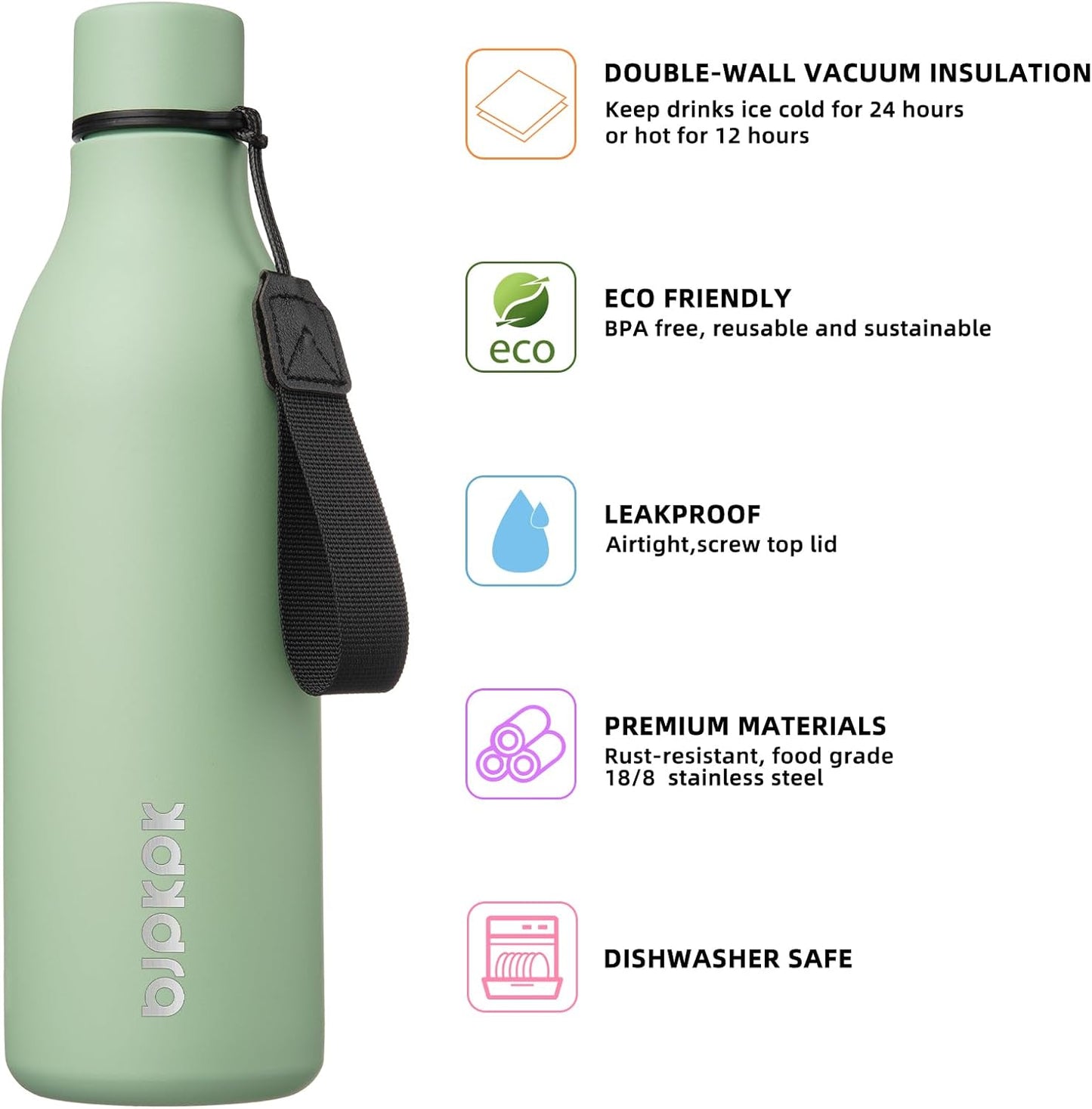 BJPKPK Insulated Water Bottles, 18 oz Stainless Steel Metal Water Bottle with Strap, BPA Free Leak Proof Jugs, Mugs, Flasks, Reusable Thermal Flasks for Sports & Travel, Black - Colors A