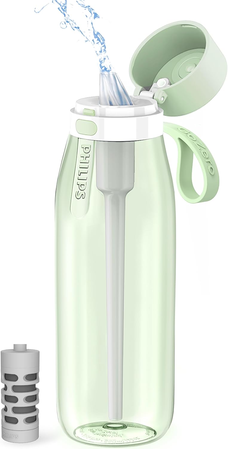 PHILIPS Filtered Water Bottle, BPA-Free Tritan Plastic Water Bottles, Replaces 450 Plastic Water Bottle with Reusable GoZero Everyday Water Filter, Portable Filtering Bottle for Travel, 22 oz, Green