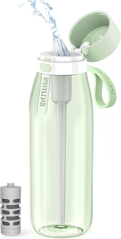 PHILIPS Filtered Water Bottle, BPA-Free Tritan Plastic Water Bottles, Replaces 450 Plastic Water Bottle with Reusable GoZero Everyday Water Filter, Portable Filtering Bottle for Travel, 22 oz, Green