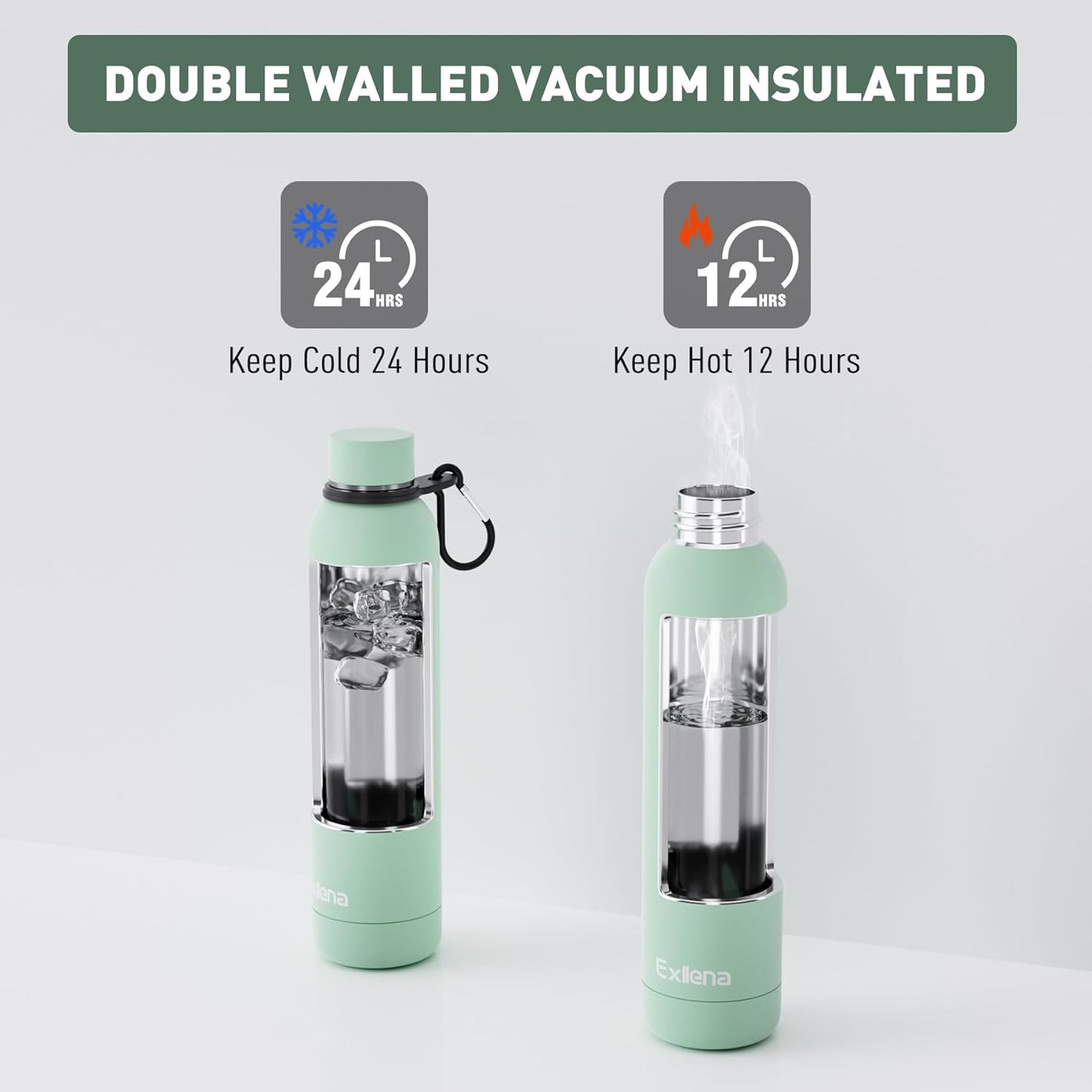 Exllena Slim Insulated Water Bottles for Travel 18oz with Clip, Double Wall Vacuum Stainless Steel Water Bottle Keeps Drinks Cold 24 Hrs/Hot 12 Hrs, 100% Leakproof, BPA Free(Black)