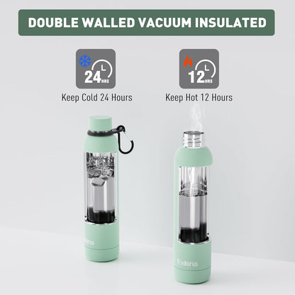 Exllena Slim Insulated Water Bottles for Travel 18oz with Clip, Double Wall Vacuum Stainless Steel Water Bottle Keeps Drinks Cold 24 Hrs/Hot 12 Hrs, 100% Leakproof, BPA Free(Black)