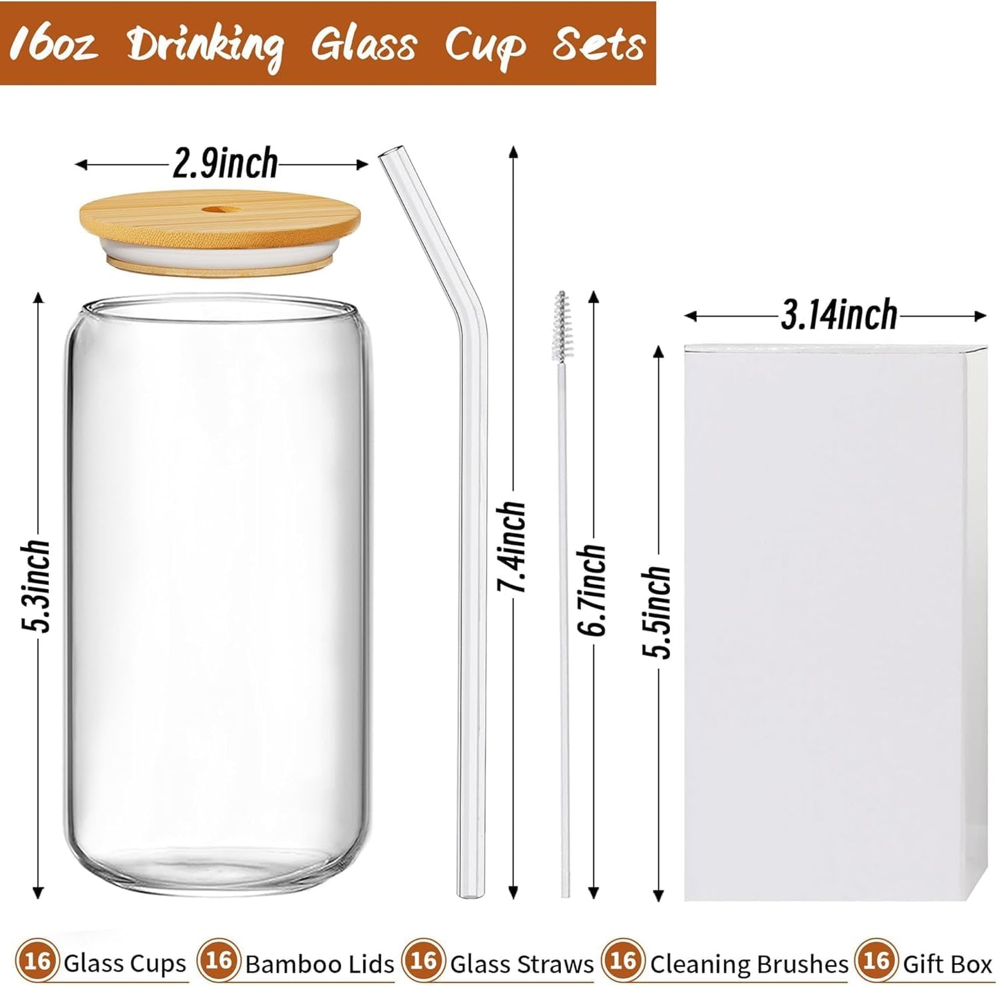12 Pcs Glass Cups with Bamboo Lids and Straws - 16oz Glass Tumbler, Iced Coffee Cup, Can Shaped Drinking Glasses for Coffee, Tea, Smoothie, Juice, Cocktail Include 2 Cleaning Brushes